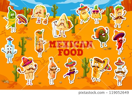 Mexican food characters stickers. Taco, quesadilla, burrito and guacamole, avocado, chili pepper, tequila, pulque bottle and churro, nacho chips and tamale. Fun Mexico cuisine personage vector patches 119052649