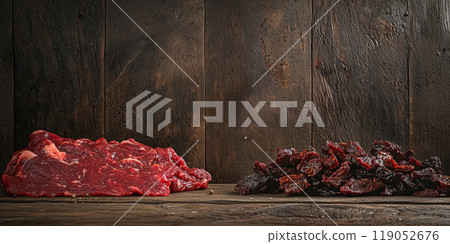 A contrast between raw beef and strips of dried meat on a rustic, textured surface, highlighting meat preservation, gourmet ingredients, and jerky preparation. A contrast between raw beef and strips of dried meat on a rustic, textured surface, highlighting meat preservation, gourmet ingredients, and jerky preparation. 119052676