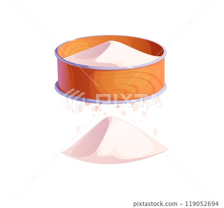 Flour being sifted through a wooden sieve, essential step in baking and cooking kitchen processes. Cartoon vector image captures light, airy texture of sifted flour, emphasizing culinary preparation Flour being sifted through a wooden sieve, essential step in baking and cooking kitchen processes. Cartoon vector image captures light, airy texture of sifted flour, emphasizing culinary preparation 119052694