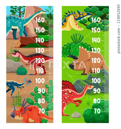 Prehistoric dinosaurs on kids height chart ruler in funny cartoon Jurassic dino park, vector background. Kids height chart or baby growth measure ruler with prehistoric cute dinosaurs and lizards Prehistoric dinosaurs on kids height chart ruler in funny cartoon Jurassic dino park, vector background. Kids height chart or baby growth measure ruler with prehistoric cute dinosaurs and lizards 119052695