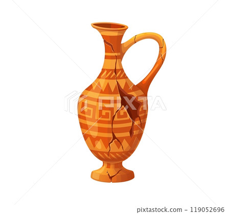 Ancient antique broken jug, cartoon museum ceramic pottery. Isolated cartoon vector old cracked earthenware pitcher. Vessel for wine or oil, artefact with cracks, greek or roman pattern and handle Ancient antique broken jug, cartoon museum ceramic pottery. Isolated cartoon vector old cracked earthenware pitcher. Vessel for wine or oil, artefact with cracks, greek or roman pattern and handle 119052696