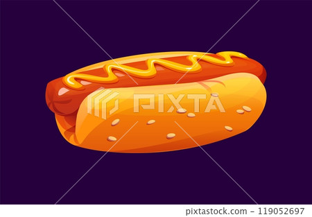 Cartoon hot dog fast food meal. Isolated vector classic hotdog with a juicy sausage nestled in a soft, sesame-seed bun, topped with a swirl of mustard. Delicious take away street or barbeque snack Cartoon hot dog fast food meal. Isolated vector classic hotdog with a juicy sausage nestled in a soft, sesame-seed bun, topped with a swirl of mustard. Delicious take away street or barbeque snack 119052697