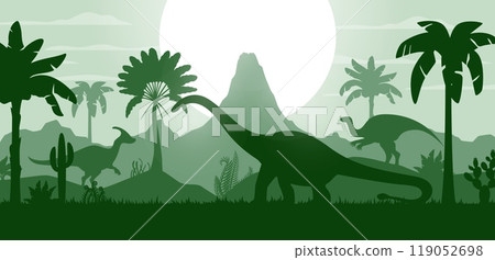 Prehistoric dinosaur silhouettes at Jurassic forest landscape with sunset, vector background. Dino world with cartoon giant lizards and prehistoric reptiles silhouette for paleontology atlas or museum Prehistoric dinosaur silhouettes at Jurassic forest landscape with sunset, vector background. Dino world with cartoon giant lizards and prehistoric reptiles silhouette for paleontology atlas or museum 119052698