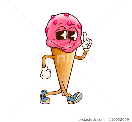 Groovy fast food ice cream character with a lively expression, cheerfully walking and showing finger up gesture. Isolated cartoon vector playful cone summer treat personage exudes fun and creativity Groovy fast food ice cream character with a lively expression, cheerfully walking and showing finger up gesture. Isolated cartoon vector playful cone summer treat personage exudes fun and creativity 119052699