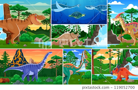 Cartoon prehistoric dinosaurs collage of Jurassic era lizards and reptiles, vector background. T-rex, giant lizards and underwater reptiles in forest for kids dino world atlas or paleontology book 119052700