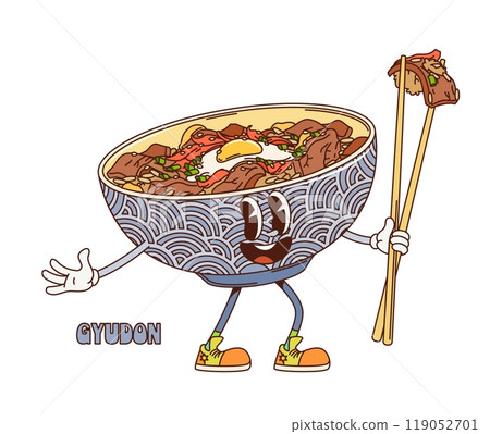 Cartoon retro groovy gyudon donburi character. Isolated vector playful bowl holding chopsticks and appears joyful. Fun and whimsical food personage, traditional Japanese dish and Asian cuisine Cartoon retro groovy gyudon donburi character. Isolated vector playful bowl holding chopsticks and appears joyful. Fun and whimsical food personage, traditional Japanese dish and Asian cuisine 119052701