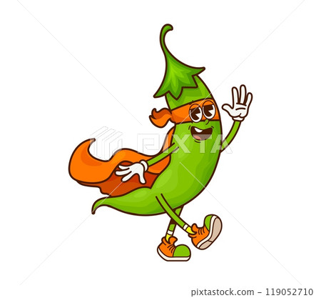 Cartoon groovy legume or green pea pod superhero character with determined expression, wears orange cape and mask, fights evil with superhuman strength, powered by a diet of nutritious beans and nuts 119052710