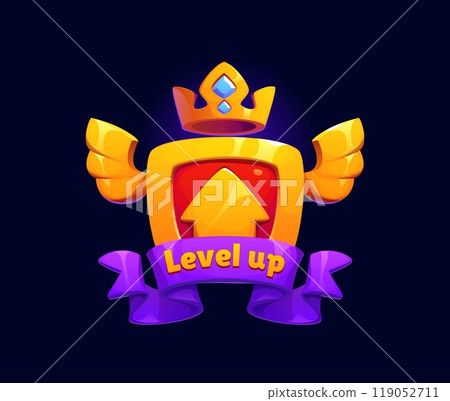 Level up game reward, rate icon featuring a crown, purple banner, upward arrow and winged shield. Cartoon vector emblem suggesting progress, celebratory advancement or reward in gaming achievement 119052711