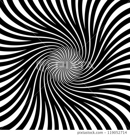 Psychedelic hypnosis swirl, hypnotic spiral pattern. Monochrome vector optical illusion with swirling circular shape, wavy lines or rays with dot in center. Abstract black and white spiraling effect Psychedelic hypnosis swirl, hypnotic spiral pattern. Monochrome vector optical illusion with swirling circular shape, wavy lines or rays with dot in center. Abstract black and white spiraling effect 119052714