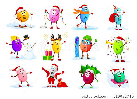 Cartoon mineral characters on Christmas winter holiday with Santa gifts, vector micronutrients. Funny happy Magnesium with Christmas tree, Calcium and snowman, Potassium mineral with snowboard 119052719