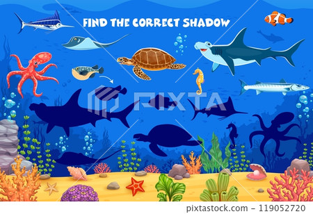 Find correct shadow of underwater sea animals and fishes for kids game, vector worksheet. Cartoon puzzle to find and match silhouette undersea turtle, stingray and seahorse with shark and octopus 119052720