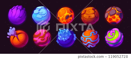 Game asset of cartoon fantasy alien galaxy space planets. Vector fantastic gui asteroids. Cosmic world objects with cracks, ice, swirls, vivid toxic goo, craters and glowing lava on surface Game asset of cartoon fantasy alien galaxy space planets. Vector fantastic gui asteroids. Cosmic world objects with cracks, ice, swirls, vivid toxic goo, craters and glowing lava on surface 119052728