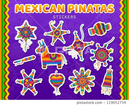 Mexican pinata stickers for holiday fiesta with Latin ornament patterns, vector icons. Cartoon Mexican stickers of pinata Lama, star and heart for birthday fiesta party and Mexico holiday celebration 119052734