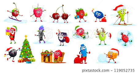 Cartoon Christmas berry characters, vector cute Xmas holiday fruit food personages. Funny strawberry, cherry, grapes and raspberry, cranberry and blueberry with Christmas tree, Santa gifts bag and hat Cartoon Christmas berry characters, vector cute Xmas holiday fruit food personages. Funny strawberry, cherry, grapes and raspberry, cranberry and blueberry with Christmas tree, Santa gifts bag and hat 119052735