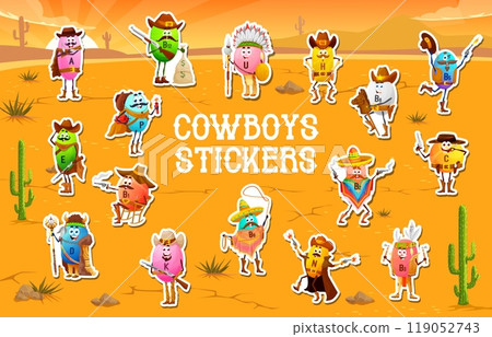 Stickers pack of cartoon cowboy, bandit and sheriff vitamin micronutrient characters in a desert landscape. Vector cartoon Wild West supplements B1, B3 and B6. B12, C, D or E, H and K, P or N 119052743