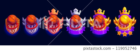 Basketball game rank award. Sport badges with basket, laurel wreath, crown, hoop and ball. Cartoon vector trophy icon progression symbolizing victory, achievement, energy and triumph for sports gaming Basketball game rank award. Sport badges with basket, laurel wreath, crown, hoop and ball. Cartoon vector trophy icon progression symbolizing victory, achievement, energy and triumph for sports gaming 119052746