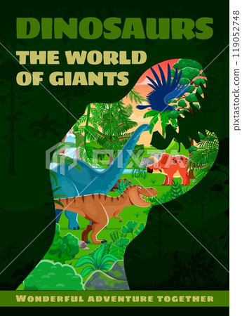 Dino park flyer with dinosaur silhouette and prehistoric lizards of Jurassic era, vector poster. Kids dino world of giant dinosaurs and lizards for paleontology museum exhibition and dinosaurs atlas 119052748