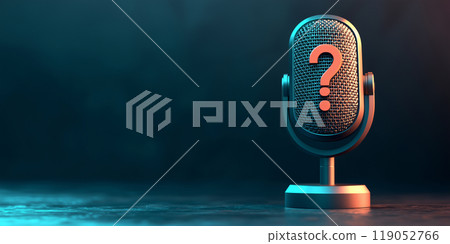 A microphone with a question mark symbol represents public speaking, media, communication, and uncertainty in an interview or broadcast. A microphone with a question mark symbol represents public speaking, media, communication, and uncertainty in an interview or broadcast. 119052766