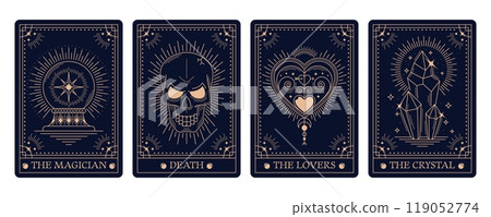 Magic occult Tarot cards in mystic esoteric frames with arcana symbols, vector decks covers. Tarot cards with prediction signs of skull death, heart lovers or magician and crystal for reverse decks 119052774
