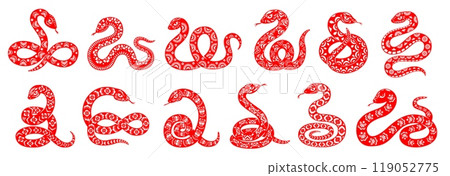 Snake reptiles set for Chinese lunar New Year holiday, vector Asian dragon icons. Chinese lunar New Year or zodiac red snake with ornament patterns for Oriental dragons festival and tattoo symbols 119052775