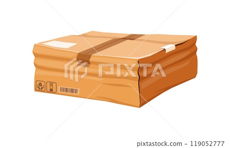 Damaged and crumpled cardboard box. Isolated cartoon vector broken, crushed and ripped package indicating mishandling or rough delivery process, issues in shipping, logistics and postal services Damaged and crumpled cardboard box. Isolated cartoon vector broken, crushed and ripped package indicating mishandling or rough delivery process, issues in shipping, logistics and postal services 119052777