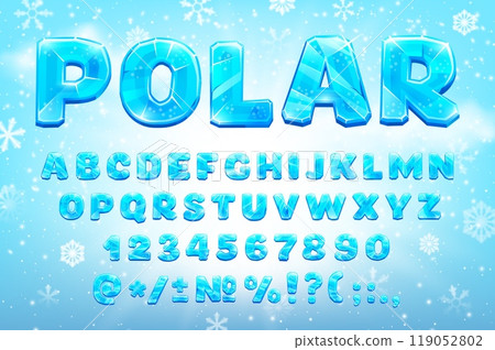 Cartoon blue crystal typeface or ice font with frozen winter type in frost, vector English alphabet. Polar ice font with crystal ice letters of frozen snow with snowflakes for kids cartoon ABC type 119052802