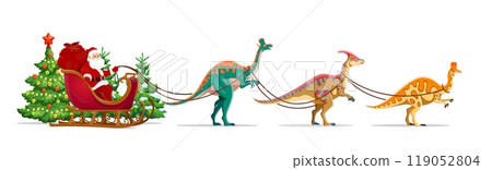 Cartoon Santa in sleigh with funny dinosaurs for Christmas holiday, vector background. Santa with gifts bag and Christmas tree riding on sleigh harnessed with dino lizards and dinosaurs as reindeer 119052804