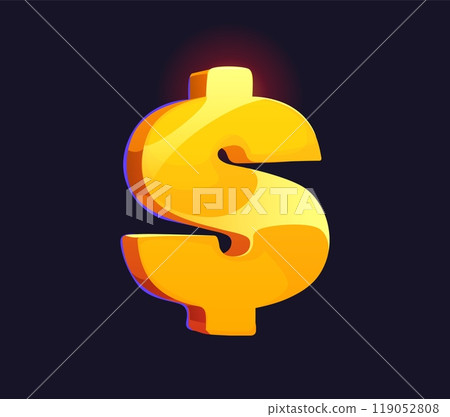 Cartoon golden dollar sign, usd money, currency symbol, emanates a soft and enchanting light glow. Isolated vector dazzling and striking game asset conveys a sense of wealth and financial success 119052808