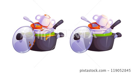 Dirty and clean dishes, plates and kitchenware stack before and after washing, cartoon vector. Dirty and clean cookware saucepan with plates, cups and spoon or knife with food stains and shiny clean Dirty and clean dishes, plates and kitchenware stack before and after washing, cartoon vector. Dirty and clean cookware saucepan with plates, cups and spoon or knife with food stains and shiny clean 119052845