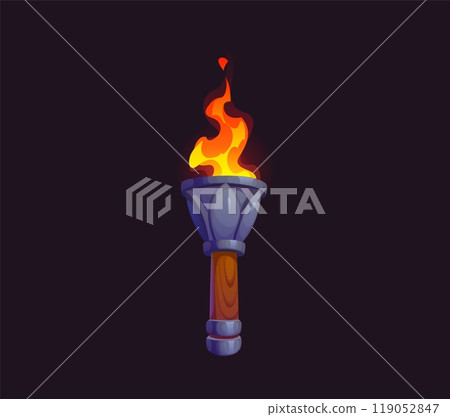 Game medieval fire torch with burning fire. Isolated cartoon vector gui asset. Ancient flaming torchlight, lighting flambeau lantern with decorated handle. Illumination in dungeon or middle age castle Game medieval fire torch with burning fire. Isolated cartoon vector gui asset. Ancient flaming torchlight, lighting flambeau lantern with decorated handle. Illumination in dungeon or middle age castle 119052847