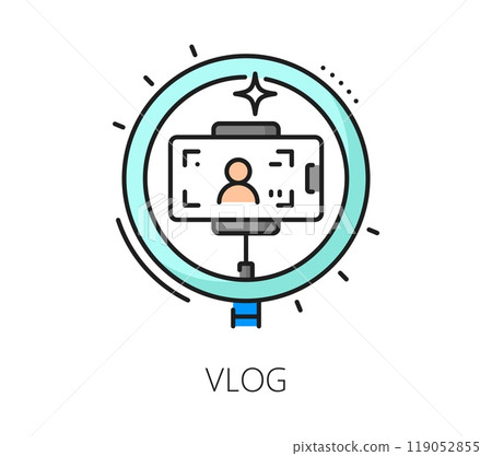 Online blogging or social media vlog line icon. Network social media content, Internet multimedia or online blogging line vector icon. Blogger video outline symbol with ring light and smartphone Online blogging or social media vlog line icon. Network social media content, Internet multimedia or online blogging line vector icon. Blogger video outline symbol with ring light and smartphone 119052855