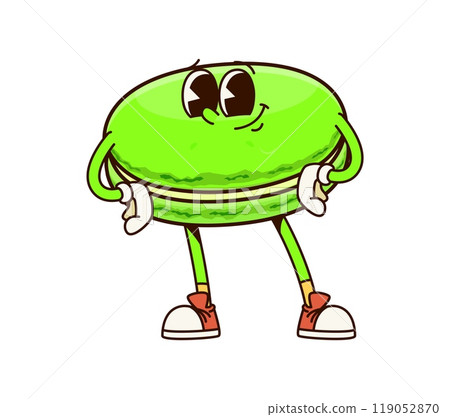 Groovy green macaroon dessert character has a cheeky expression, sporting gloves and sneakers, exuding a sense of fun and with akimbo pose. Isolated cartoon vector comic patisserie food personage Groovy green macaroon dessert character has a cheeky expression, sporting gloves and sneakers, exuding a sense of fun and with akimbo pose. Isolated cartoon vector comic patisserie food personage 119052870