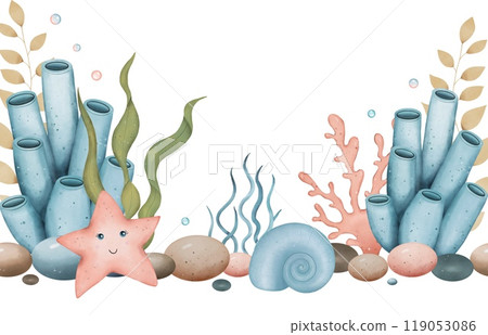Sea border with algae, stones, bubbles, shells, starfish. Underwater world. Hand drawn watercolor illustration Sea border with algae, stones, bubbles, shells, starfish. Underwater world. Hand drawn watercolor illustration 119053086