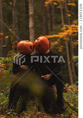 Halloween Pumpkin Heads in Autumn Forest 119053109