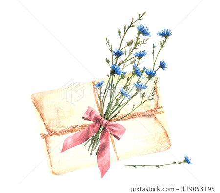 Bouquet of wild flowers tied with a red bow to a vintage letter. Blue chicory flowers with meadow green herbs. Love message, gift clipart. Watercolor hand drawn illustration. Isolated from background Bouquet of wild flowers tied with a red bow to a vintage letter. Blue chicory flowers with meadow green herbs. Love message, gift clipart. Watercolor hand drawn illustration. Isolated from background 119053195