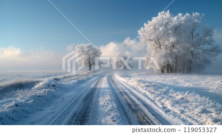 Beautyfull White Rime Along Country Road with Ethereal Dreamlike Daytime Scene 119053327