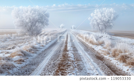 Beautyfull White Rime Along Country Road with Ethereal Dreamlike Daytime Scene 119053330