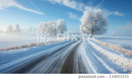 Beautyfull White Rime Along Country Road with Ethereal Dreamlike Daytime Scene 119053331