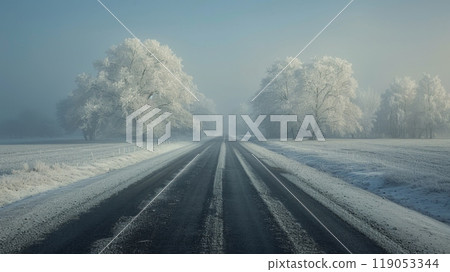 Beautyfull White Rime Along Country Road with Ethereal Dreamlike Daytime Scene Beautyfull White Rime Along Country Road with Ethereal Dreamlike Daytime Scene 119053344