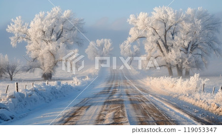 Beautyfull White Rime Along Country Road with Ethereal Dreamlike Daytime Scene 119053347