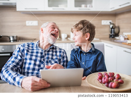 Boy and grandpa making videocall on tablet. Grandfather spending time with grandson, taking care of him while parents are away. 119053413