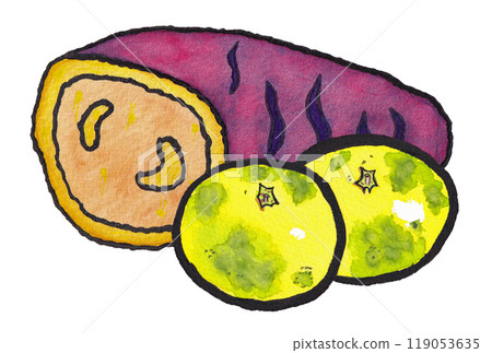 手繪水彩畫（信）《烤地瓜》《早橘子》 119053635