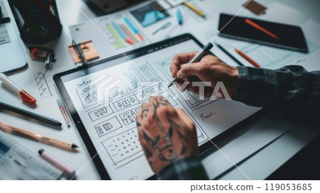 Hands Sketching an Advertisement Concept on a Tablet Using a Stylus 119053685