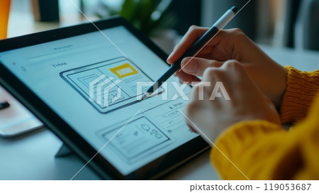 Hands Sketching an Advertisement Concept on a Tablet Using a Stylus Hands Sketching an Advertisement Concept on a Tablet Using a Stylus 119053687