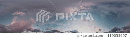 Sunset sky panorama with bright glowing pink Cumulus clouds. HDR 360 seamless spherical panorama. Full zenith or sky dome in 3D, sky replacement for aerial drone panoramas. Climate and weather change. Sunset sky panorama with bright glowing pink Cumulus clouds. HDR 360 seamless spherical panorama. Full zenith or sky dome in 3D, sky replacement for aerial drone panoramas. Climate and weather change. 119053697