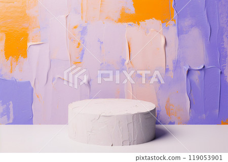 3D abstract banner with orange and light purple oil painting background, floor and white round platform. AI generated image 119053901