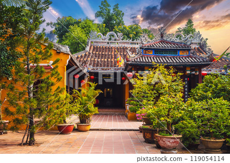 Beautiful Asian Buddhist temple on Vietnamese pagoda in old town in Hoi An in Vietnam in Asia in summer 119054114