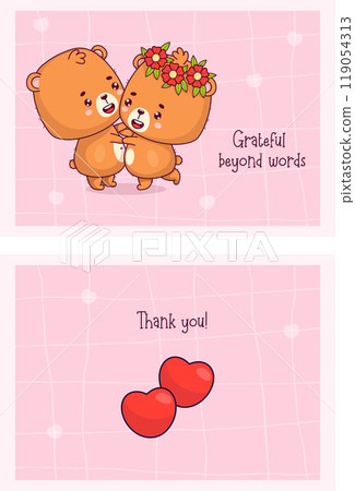 Thank You cards. Romantic happy couple in love bears on pink background with heart. Cute animals kawaii character. Isolated vector horizontal posters Thankful, Grateful Greeting, Appreciation Note. 119054313