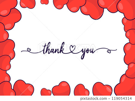 Thank You romantic card valentine. Red hearts on white background with Thanks handwritten text. Horizontal poster Thankful banner, flyer, Grateful Greetings, Appreciation Note. Vector illustration. 119054314