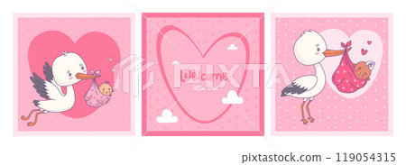 Cute white stork and newborn baby girl arrival. Cool square pink cards. Kids collection. Vector illustration. Cute white stork and newborn baby girl arrival. Cool square pink cards. Kids collection. Vector illustration. 119054315